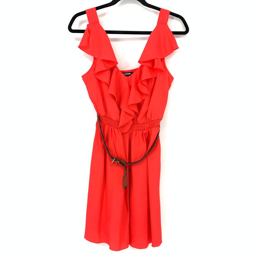 My Michelle Women's Size Medium Ruffle Chiffon Shift Dress With Belt Red